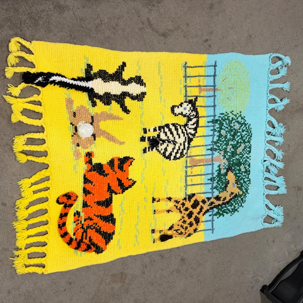 Vintage Handmade Crochet Zoo Animal Baby Blanket 3D Tiger Giraffe Zebra Yellow